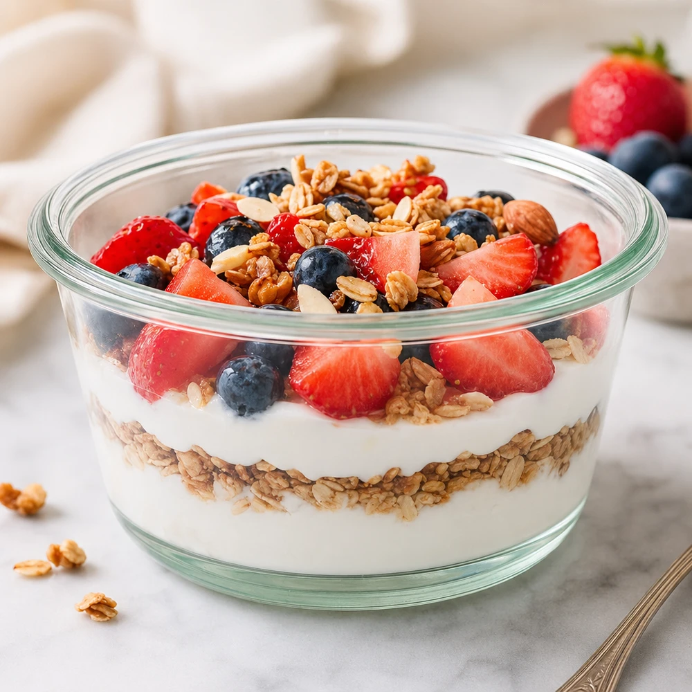 WECK RR100 290ml gourmetpot met yoghurt granola parfait bessen en noten geserveerd als een gezonde ontbijtbowl