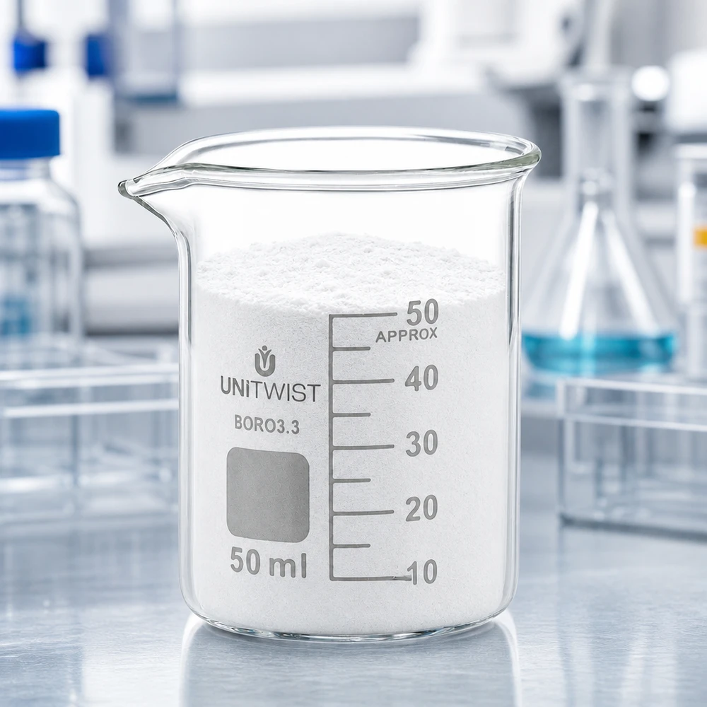 Wit poeder in een UNiTWIST-bekerglas van 50 ml BORO 3.3 tegen een moderne laboratoriumachtergrond