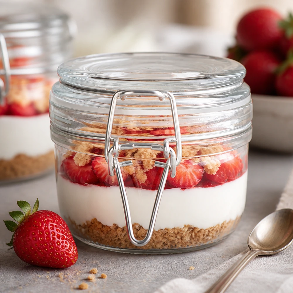 200 ml voorraadpot type S met scharnierende top UN. Ronde voorraadpot van 200 ml met draaidop, perfect voor zelfgemaakte desserts en yoghurt