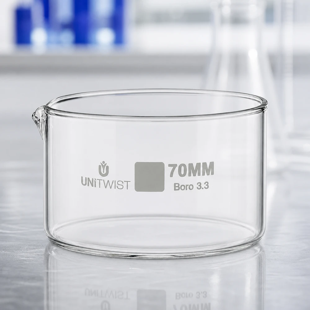 Vlakke glazen schaal, ø70 mm, UNiTWIST Boro 3.3, voor kristallisatie, inverdamping en laboratoriumproeven