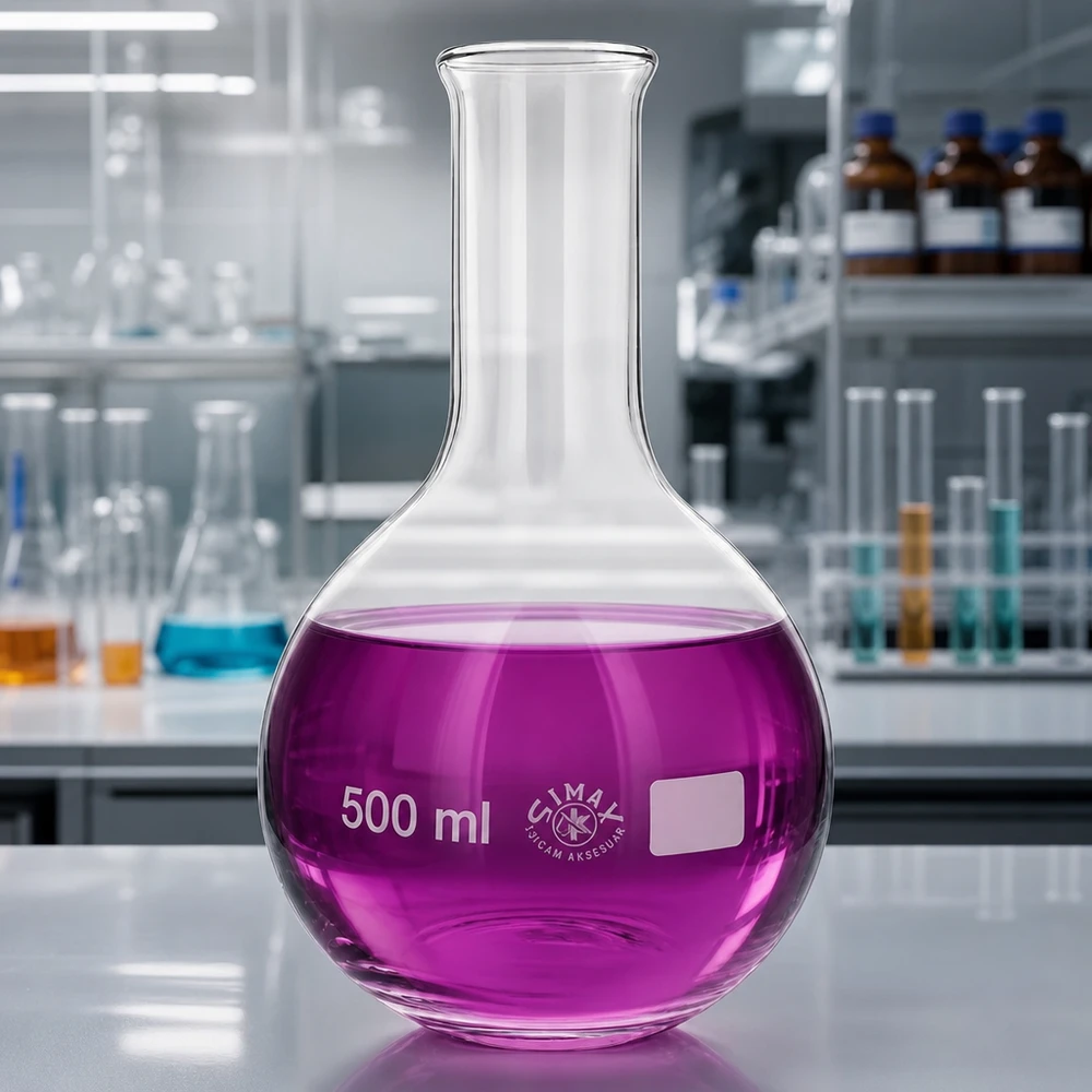 Platbodem kolf 500ml nauwe hals borosilicaat met afgeronde rand Staande kolf 500ml met smalle hals en maatverdeling met schenktuit voor exacte volumemeting