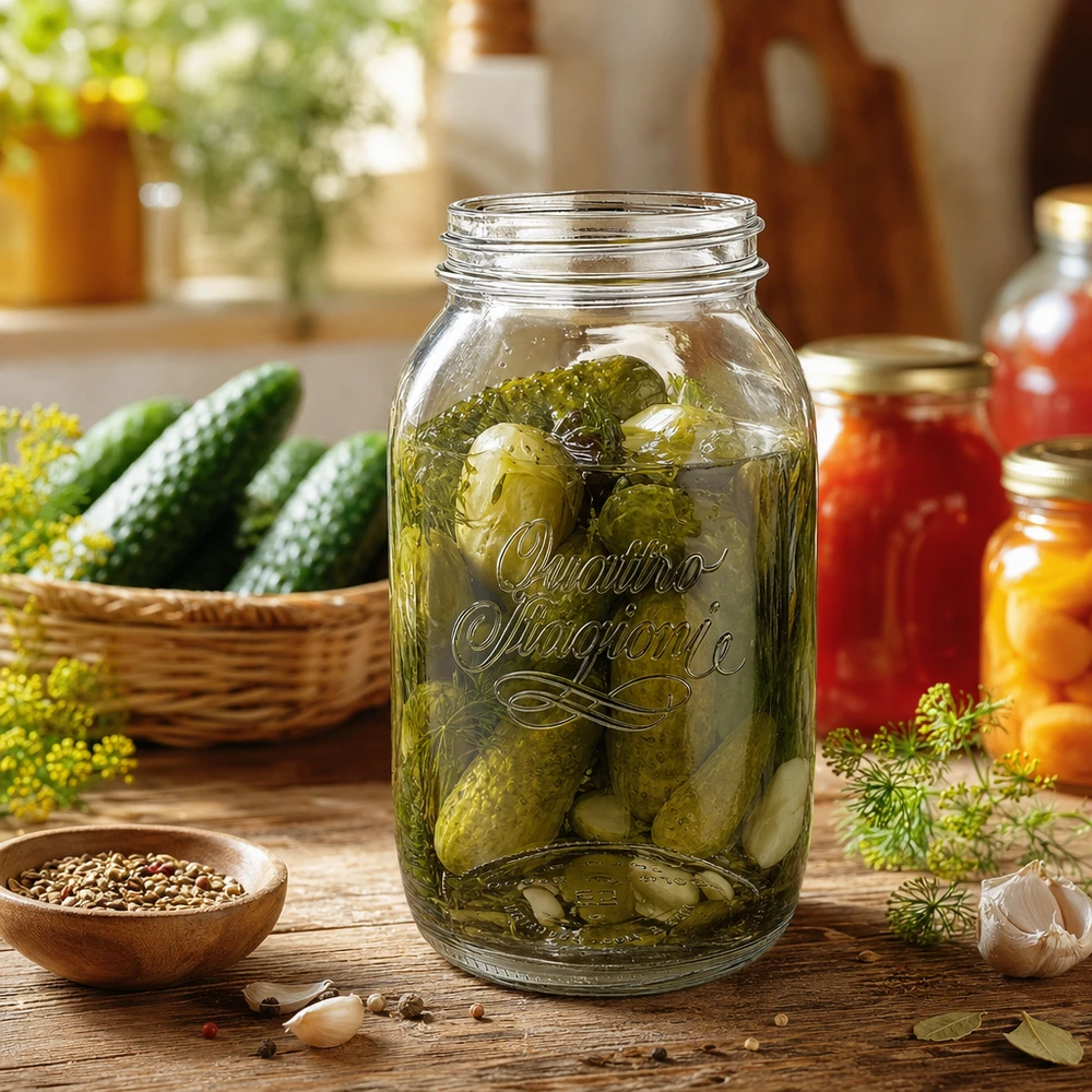 1500ml huishoudglas "Quattro Stagioni" 1500ml Quattro Stagioni huishoudpot gevuld met ingemaakte augurken op een houten tafel met verse ingrediënten