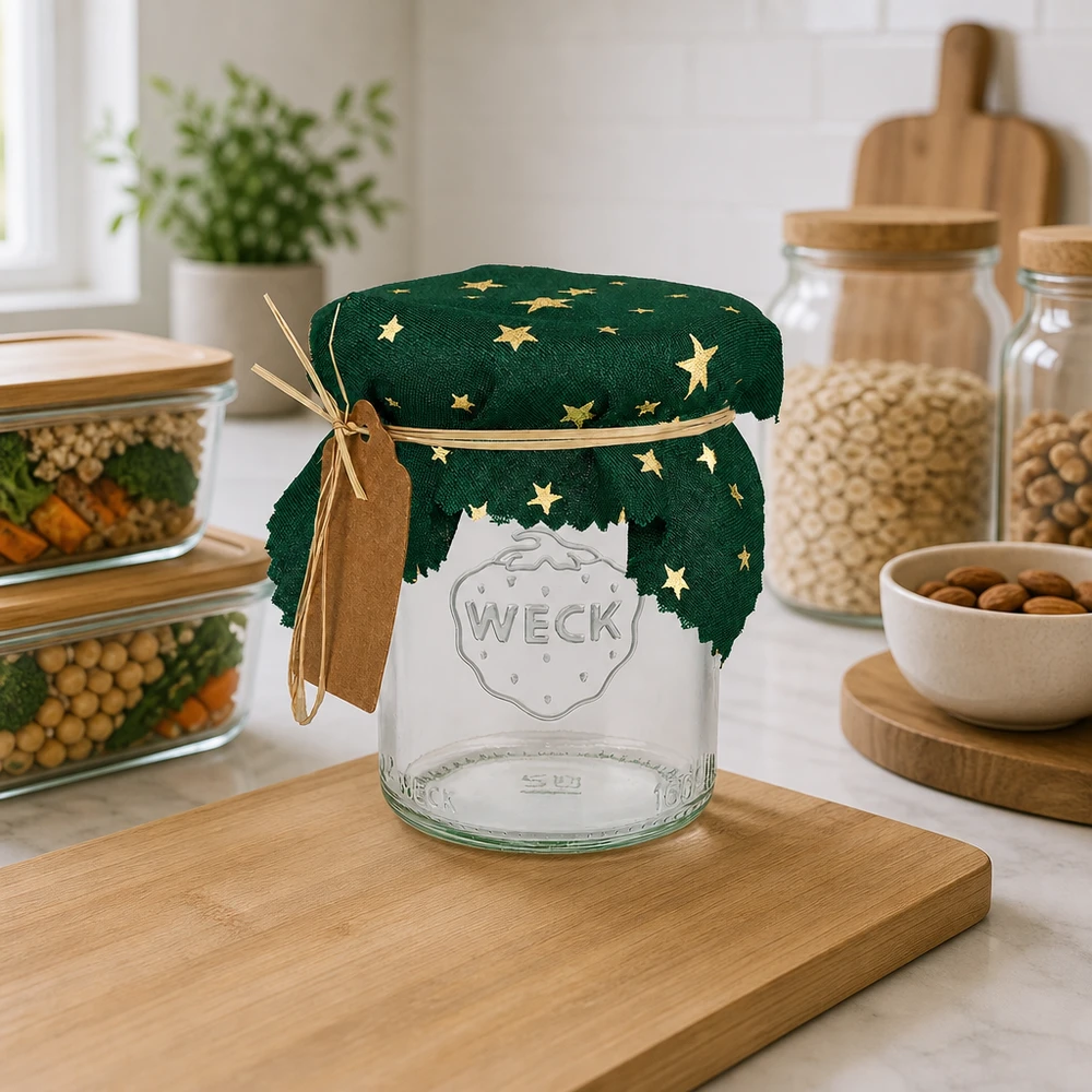 Stoffen doily sterren groen 120x120mm vierkant Grünes Sternen-Deckchen auf Holzbrett in Küche, dekorative Glasabdeckung 12cm eckig für Einmachgläser und Vorratsdosen