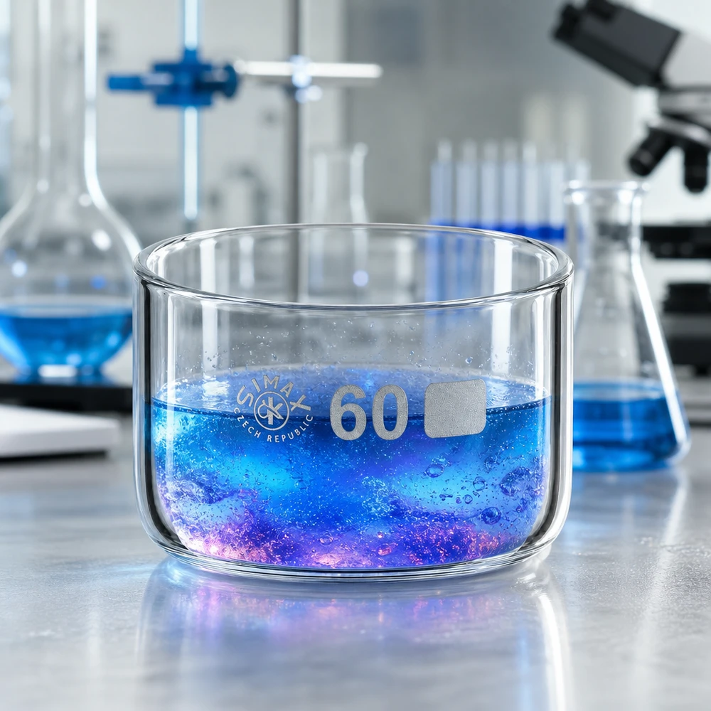 Laboratoriumschaal van 60 ml, borosilicaatglas, met een bruisende blauwe oplossing en een kleurverloop van violet naar blauw