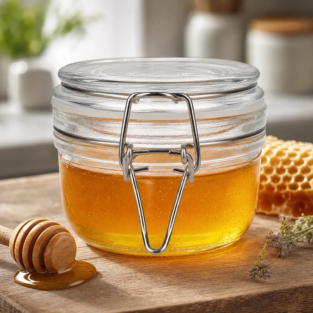 200 ml voorraadpot type S met scharnierende top UN. Rond voorraadpotje van 200 ml met draaidop, perfect voor honing en zoet beleg