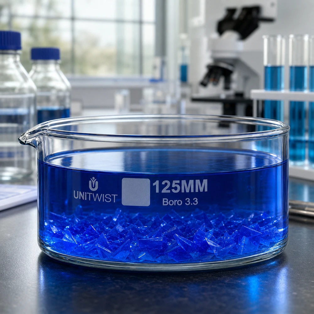 Kristallisatieschaal UNiTWIST 125 mm, platte glazen schaal met uitloop en blauwe kristaloplossing, laboratorium