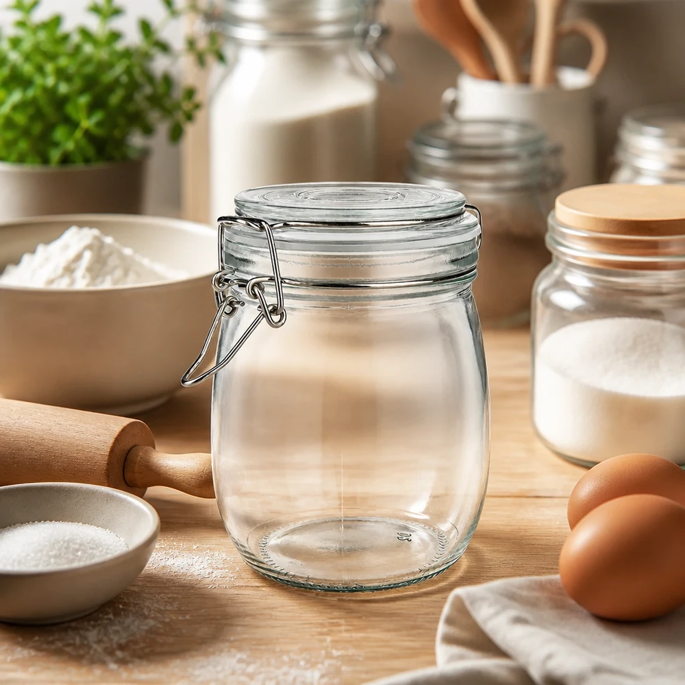 750 ml voorraadpot type S met scharnierende top UN. Grote voorraadpot van 750 ml met robuuste draaidop voor bloem, suiker en kruiden in de keuken