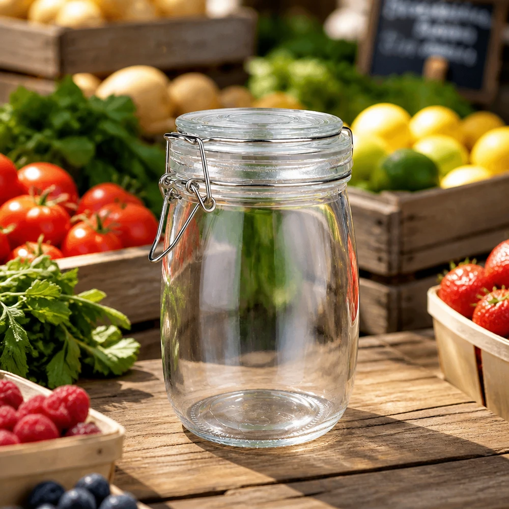 1000 ml voorraadpot type S met scharnierende top UN. Grote inmaakpot van 1000 ml met stevige draaidop voor jam en conserven