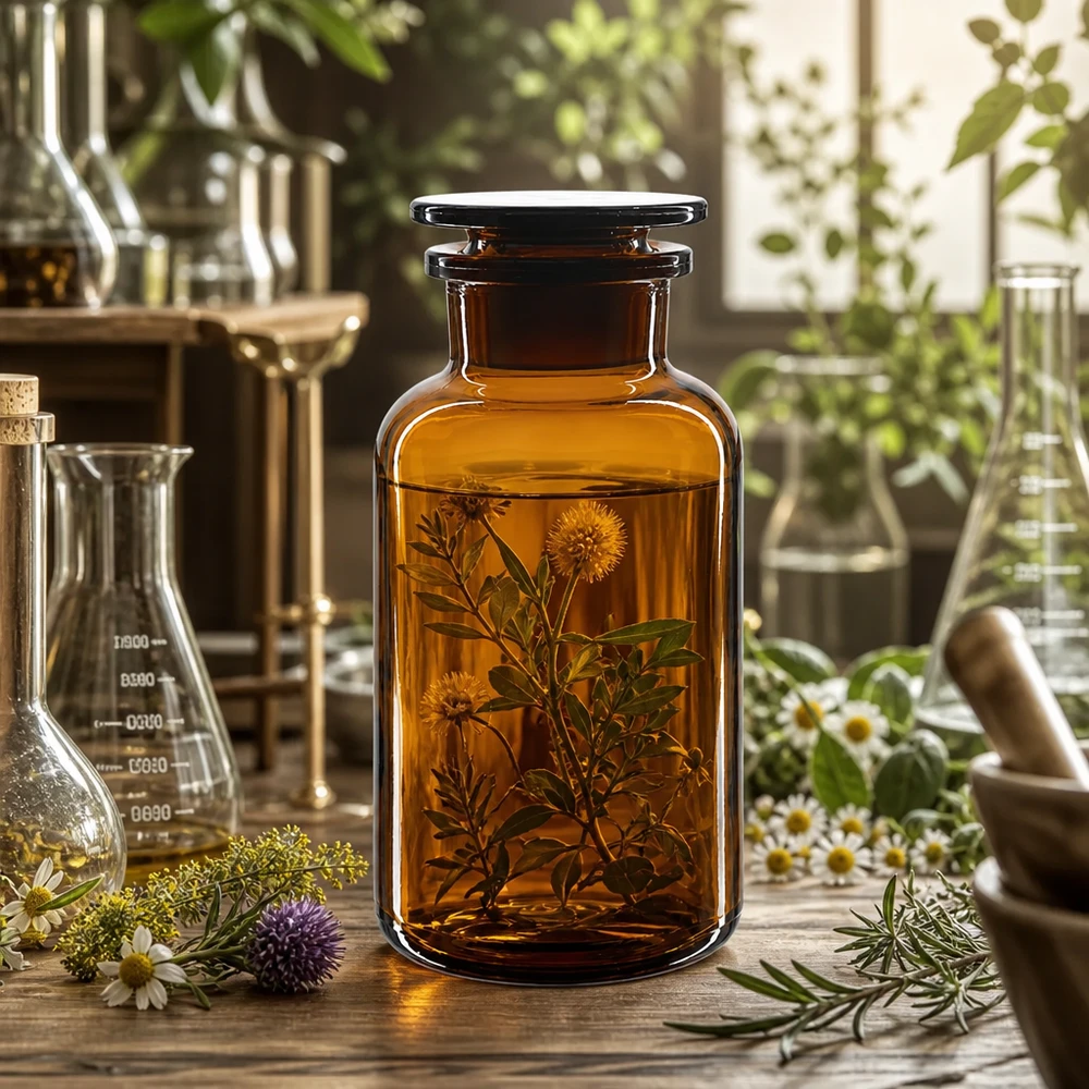 Apothekersfles 500 ml wijde hals bruin glas incl. glazen stop Bruine voorraadfles van 500 ml met glazen stop en een ontwerp met ronde schouders, voor geneeskrachtige kruiden
