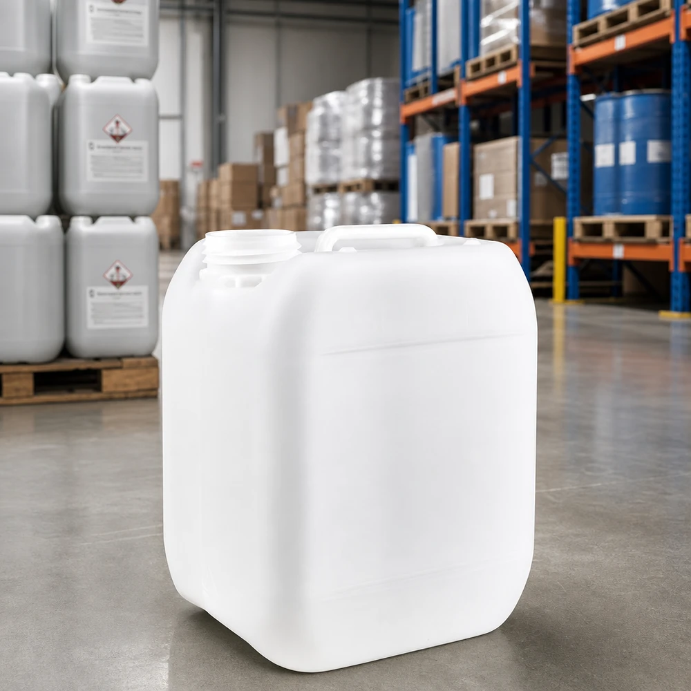 5l jerrycan, UN-toelating, zonder schroefsluiting Doorschijnende kunststof jerrycan van 5 liter zonder sluiting in de chemische opslagruimte
