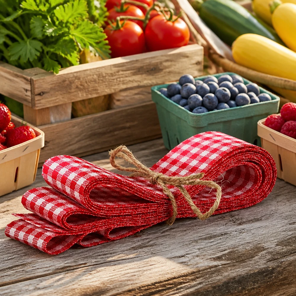 Rood en wit geruit stoffen lint 300cm gebundeld op houten tafel met verse bessen tomaten en groenten in landhuisstijl