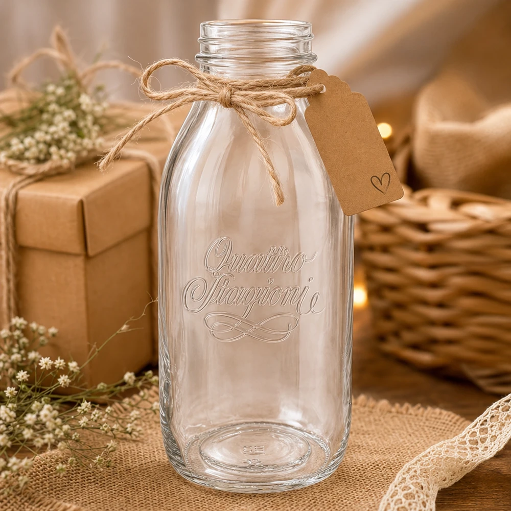 1000 ml fles met wijde hals "Quattro Stagioni" Quattro Stagioni 1000ml glazen fles met wijde hals, kurk en rustieke decoratie op een houten tafel