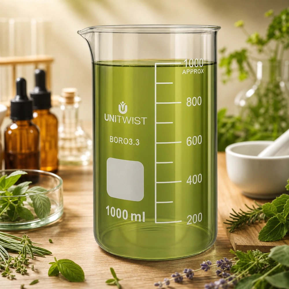 Beker 1000ml borosilicaat, hoge vorm UNITWIST Doorzichtig UNITWIST-maatglas van 1000 ml, hoog model, met groen plantenextract en maatverdeling