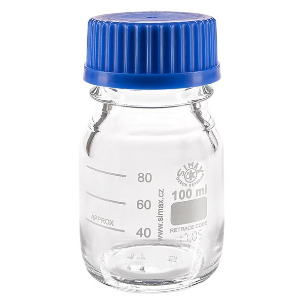100 ml laboratoriumfles met schroefdraad + blauwe dop + ring 100 ml laboratoriumfles met schroefdraad + blauwe dop + ring