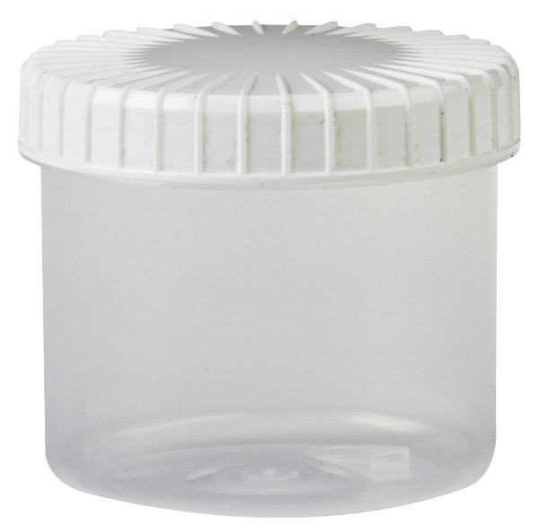 Kunststof pot 135ml transparant met geribbeld wit schroefdeksel van PE, type sluiting standaard Kunststof pot 135ml transparant met geribbeld wit schroefdeksel van PE, type sluiting standaard