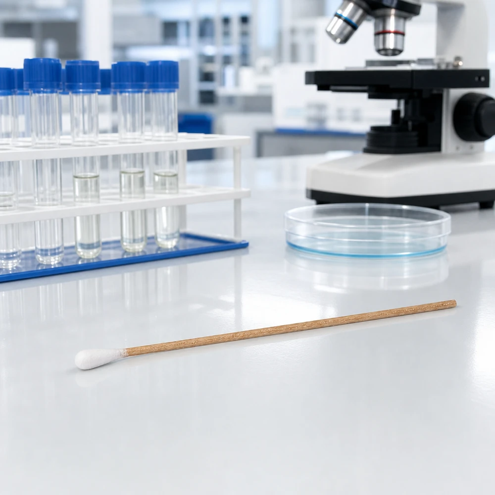 Wattenstaafjes NIET STERIEL 1 st. Oorstokjes (niet-steriel) naast proefbuisjes met een blauw deksel en een lichtmicroscoop in het laboratorium