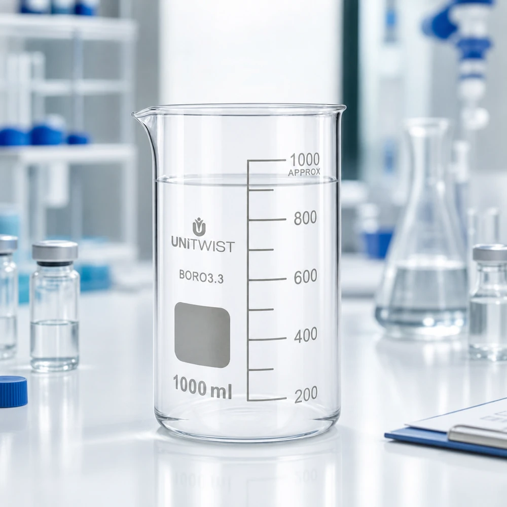 Beker 1000ml borosilicaat, hoge vorm UNITWIST Becherglas 1000 ml, hoog model, UNITWIST Boro3.3, hittebestendig laboratoriumglas voor chemische toepassingen