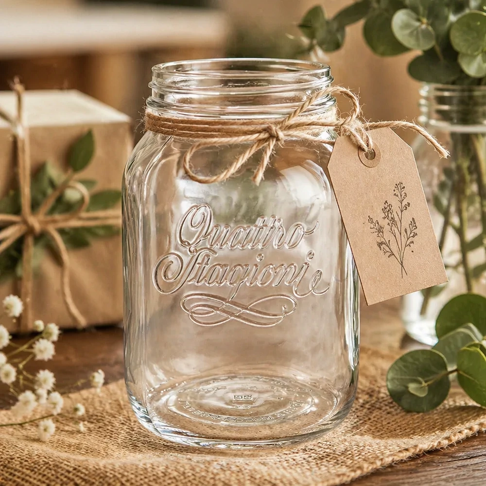 3000ml huishoudglas "Quattro Stagioni" 3000ml Quattro Stagioni huishoudglas met jute koord en hanger op rustieke houten tafel met decoratie