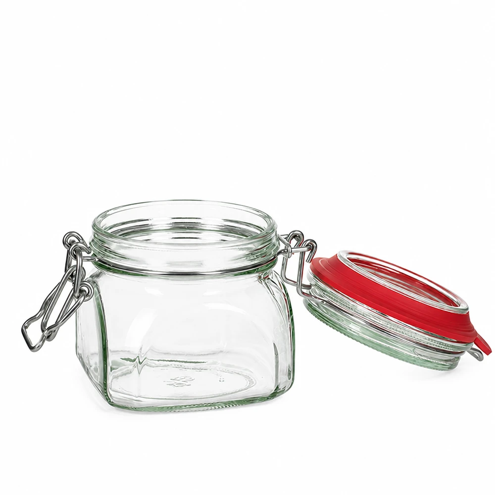 Voorraadpot type G van 370 ml met beugelsluiting UN.. Vierkante inmaakpot 370 ml met praktisch draaideksel van helder glas