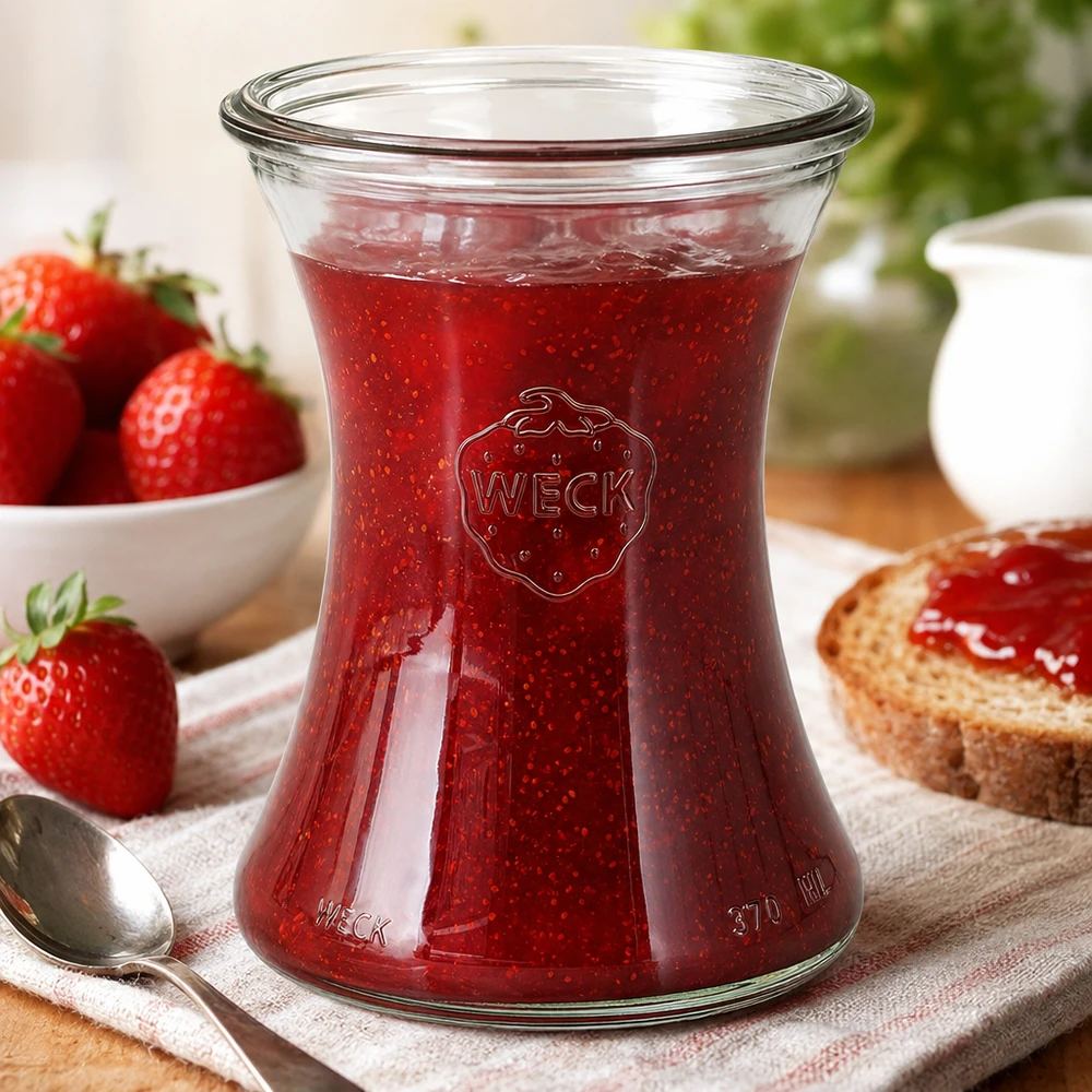 WECK delicatessenpot 370ml RR80 gevuld met rode aardbeienjam in een gezellige ontbijtsetting met toast