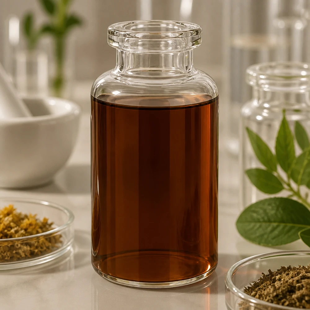 Injectiefles helder glas 30ml Injektionsflasche Klarglas 30ml mit dunkelbraunem Pflanzenextrakt in botanischer Laborszene