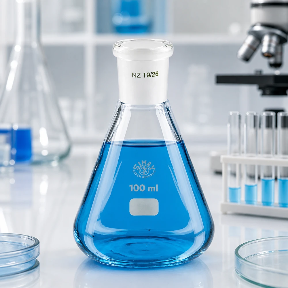 Erlenmeyer 100ml nauwe hals borosilicaat met slijpstuk 19/26 Erlenmeyer 100ml nauwe hals borosilicaat met slijpstuk 19/26