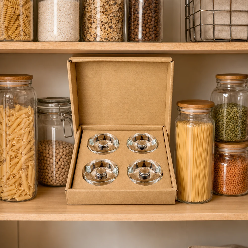 UNiTWIST fermentatie pot gewichten set van 4 in opbergrek tussen inmaakpotten met pasta en peulvruchten