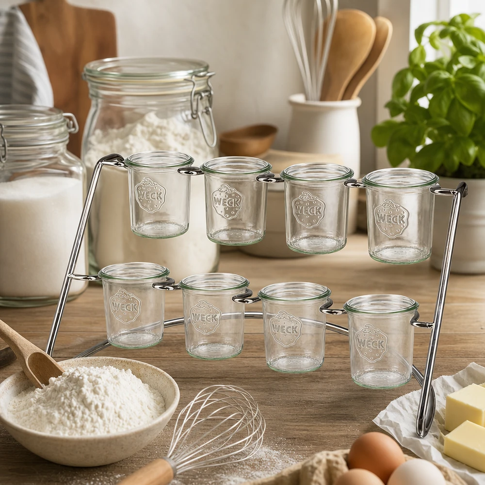 Serveerrek Flato8 voor 8 WECK-glazen WECK Flato8 serveerrek in een moderne keuken met bakingrediënten en lege bekers voor kruiden en proviand