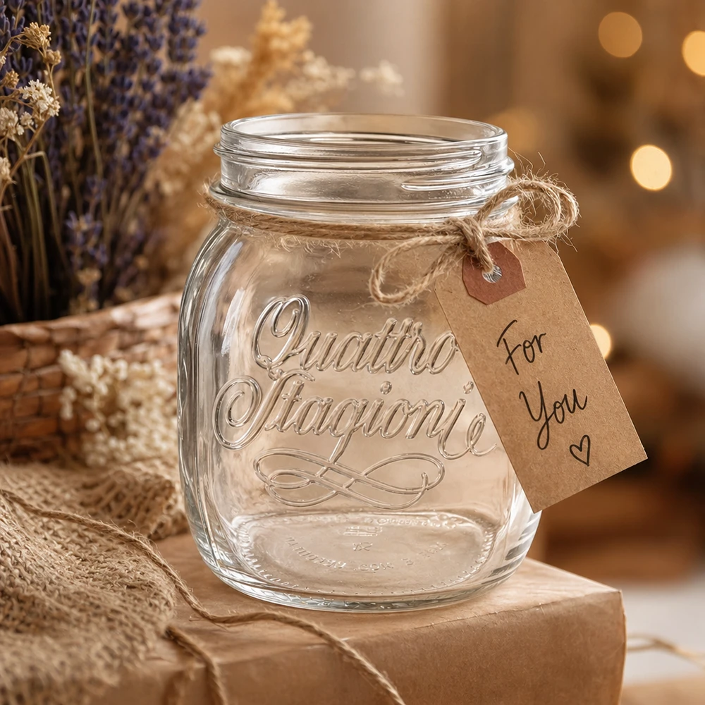 700ml huishoudglas "Quattro Stagioni" 700ml Quattro Stagioni huishoudglas met cadeaulabel op een rustieke houten tafel met lavendeldecoratie