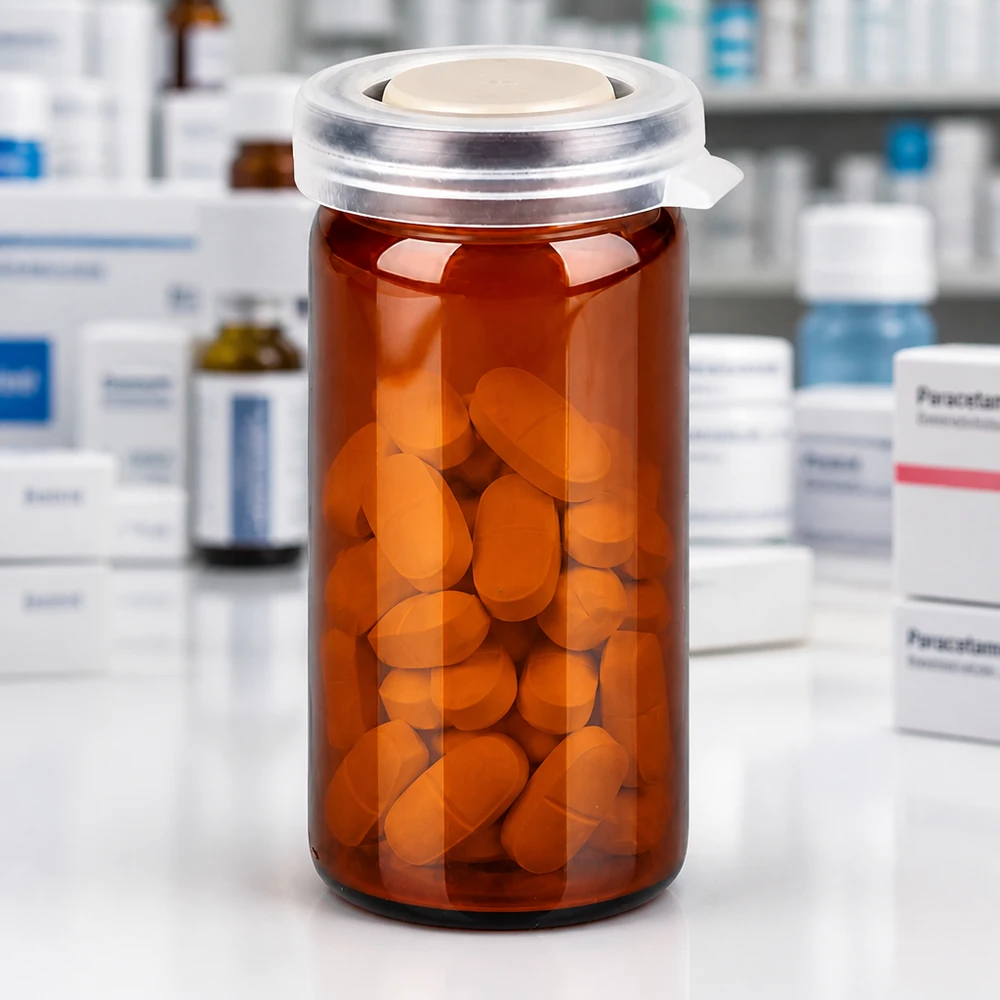 Stevig glas met oprolbare rand en kliksluiting, gevuld met talrijke oranje medicijntabletten