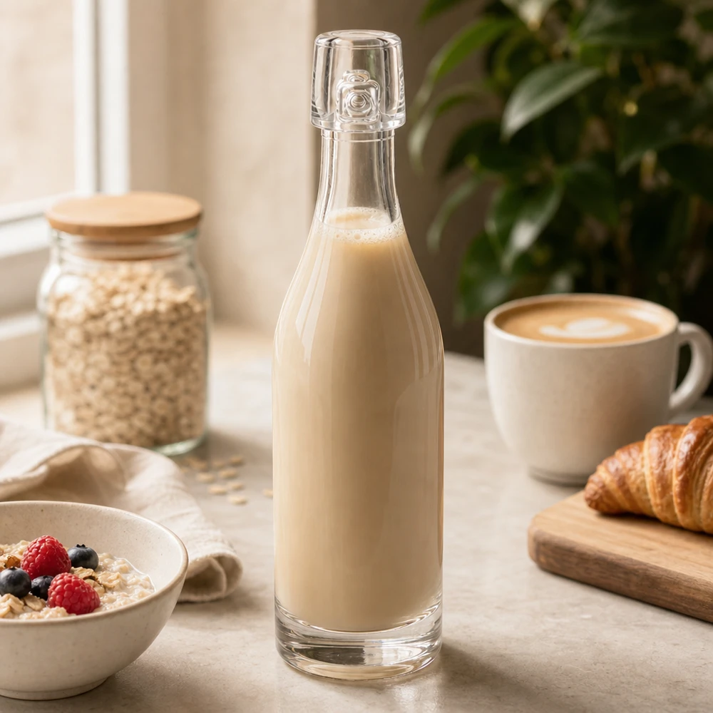 50 ml glazen fles zonder UNiTWIST mechanische sluiting 50 ml glazen fles UNiTWIST gevuld met havermelk tussen de ontbijtingrediënten Granenkom en croissant Keukentafel
