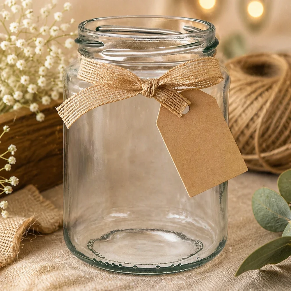 Leeg rond glas 382ml met TO66 draad en bruine strik, rustieke decoratie met jute en bloemen