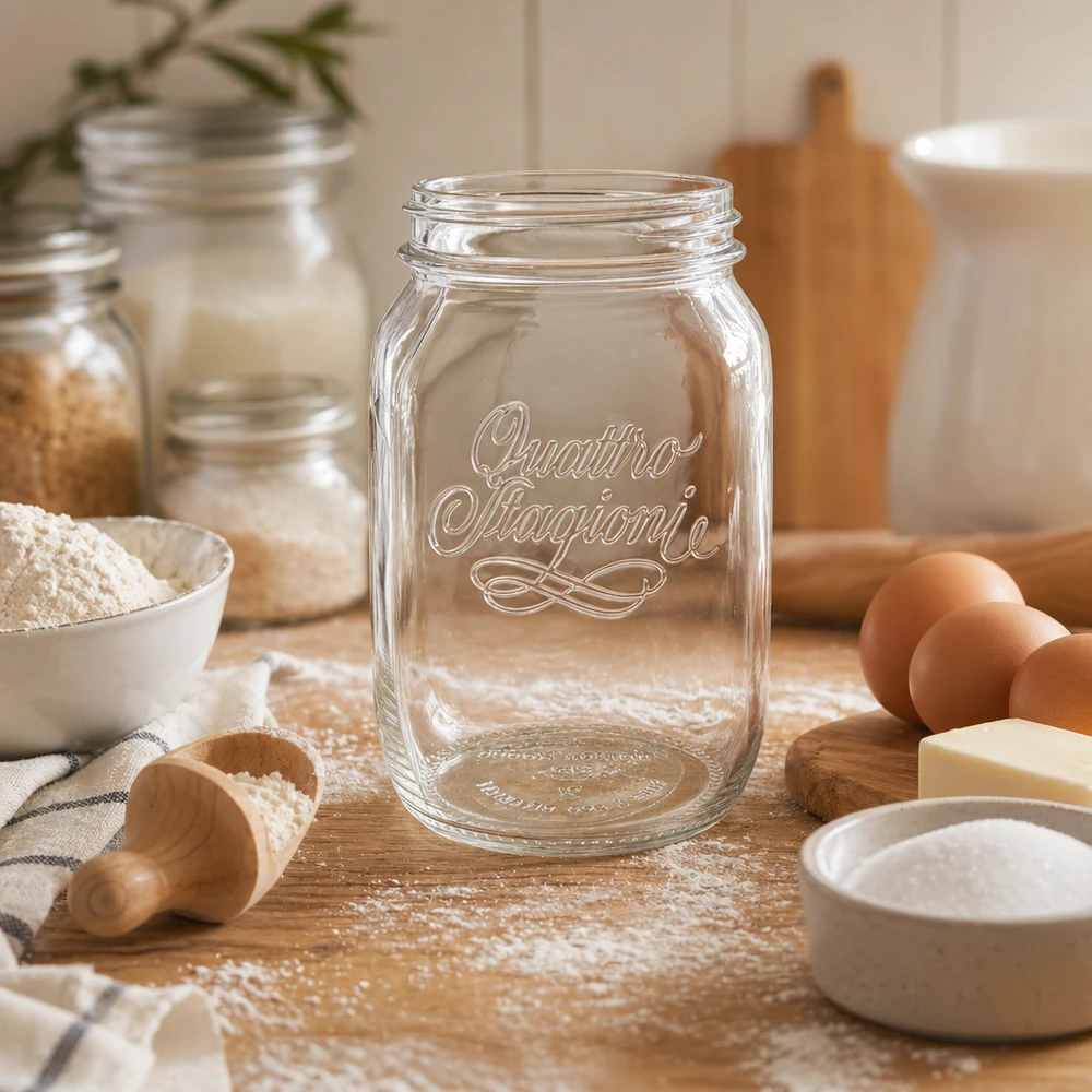 1000ml huishoudglas "Quattro Stagioni" 1000ml Quattro Stagioni huishoudpot leeg op houten tafel met bakingrediënten bloem eieren en keukengerei