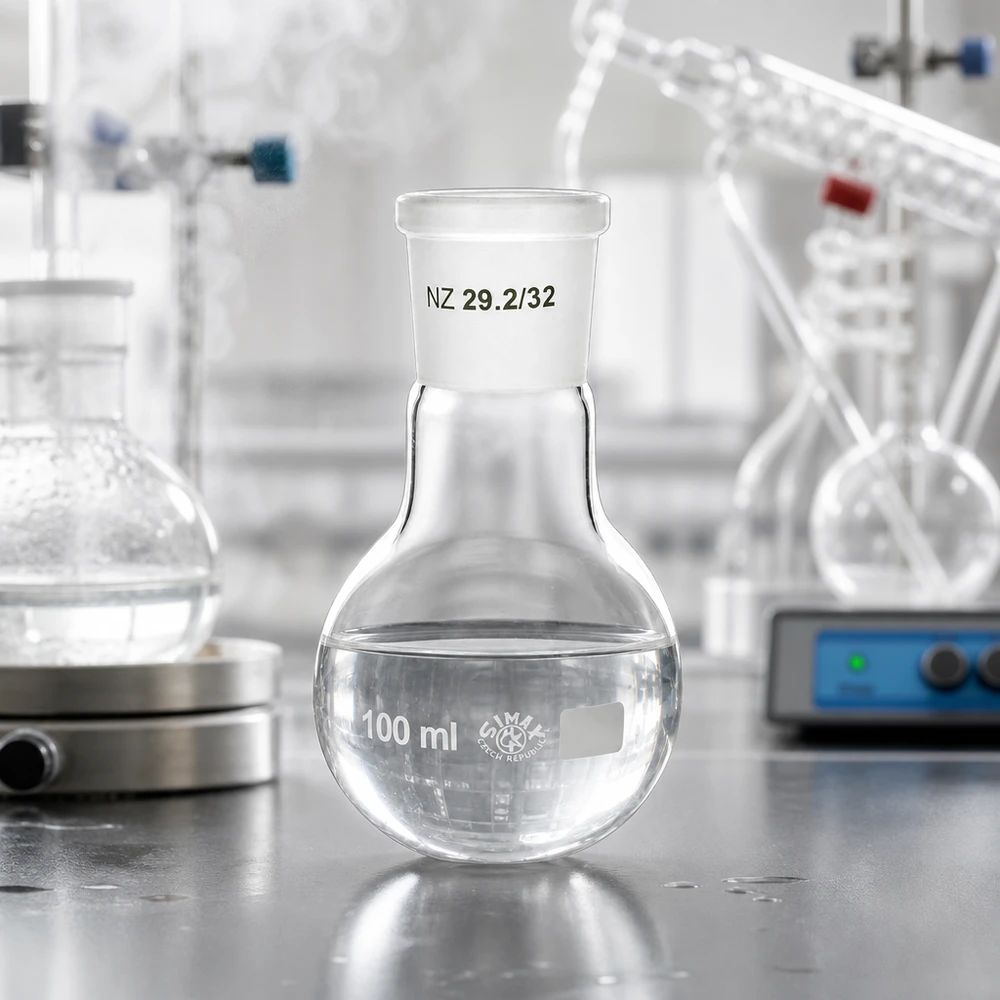 Platbodem kolf 100ml wijde hals borosilicaat met slijpstuk 29/32 Maatkolf 100 ml met volumemarkering en gestandaardiseerde 29/32 standaard geslepen verbinding