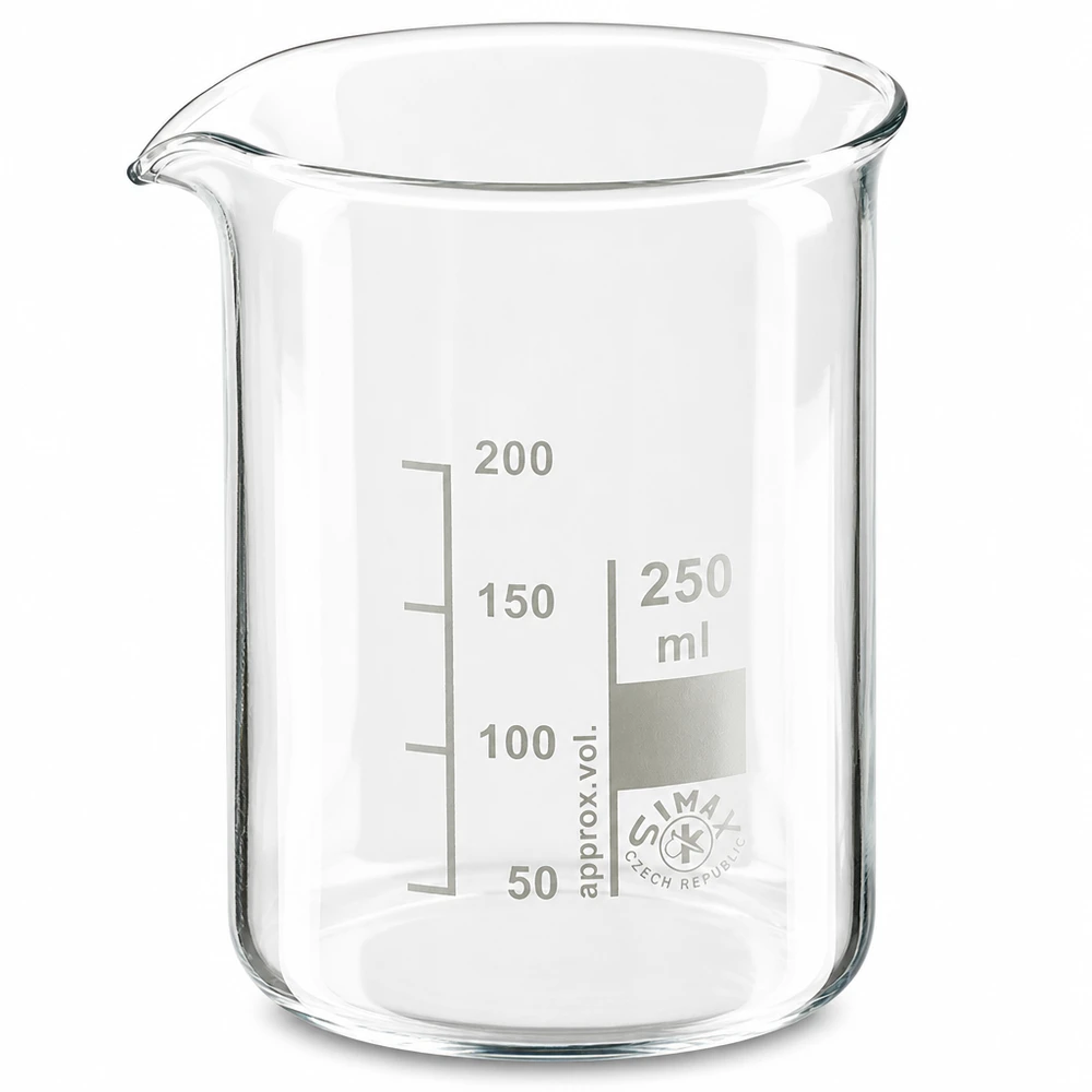 Bekerglas 250 ml van hittebestendig borosilicaatglas (laag model) Laboratoriumbeker 250 ml lage vorm gemaakt van borosilicaatglas met precieze milliliterverdeling