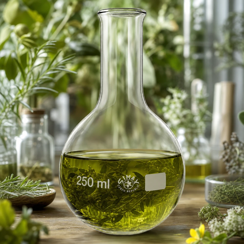 Platbodem kolf 250ml nauwe hals borosilicaat met afgeronde rand Staande kolf 250ml smalle hals met goudgroene vloeistof voor een groene plantenachtergrond