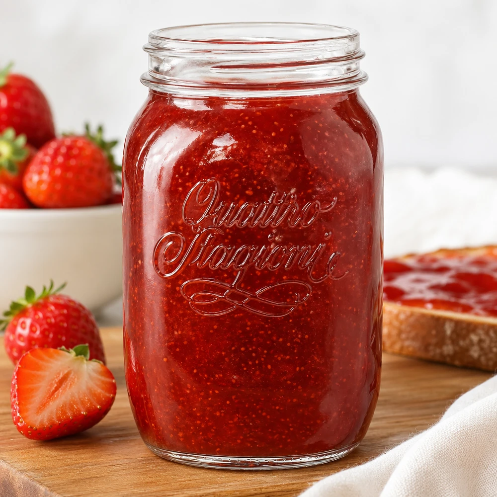 1000ml huishoudglas "Quattro Stagioni" Quattro Stagioni huishoudpot van 1000 ml gevuld met rode aardbeienjam naast verse aardbeien op een houten plank