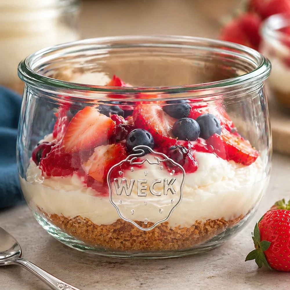 WECK RR100 tulpvormige pot van 580 ml WECK 580 ml tulp pot RR100 met gelaagd dessert van biscuit basis room en verse bessen aardbeien bosbessen
