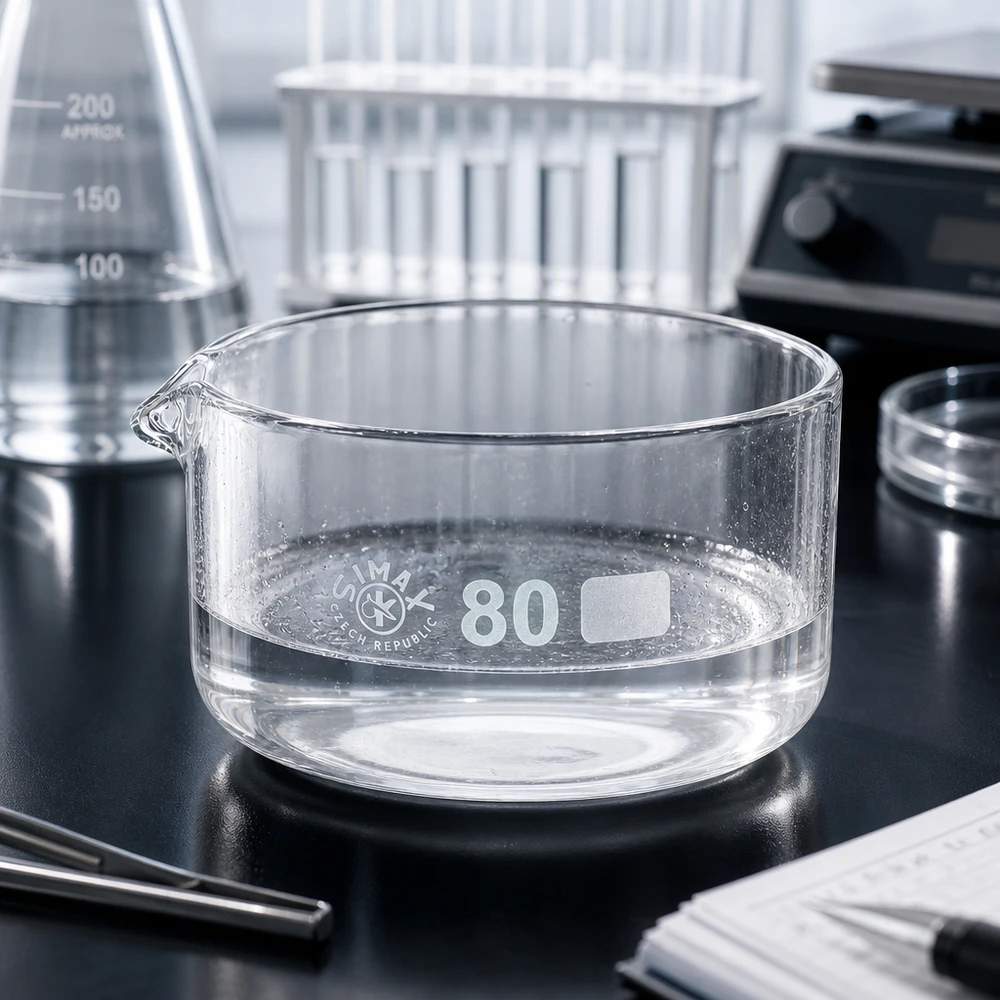 Lage cilindrische laboratoriumschaal van 150 ml met brede bodem en uitgietmond, vervaardigd uit laboratoriumglas, ø 80 mm