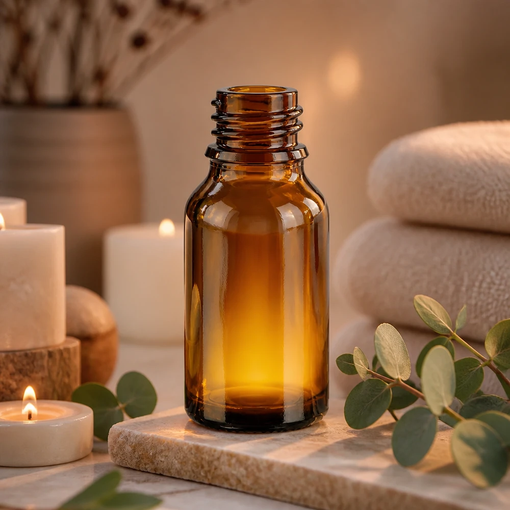 Bruine glazen fles 30ml 30ml bruin ApoGlas apothekersflesje hoge vorm wellness setting met eucalyptus takjes kaarsen stenen collectie