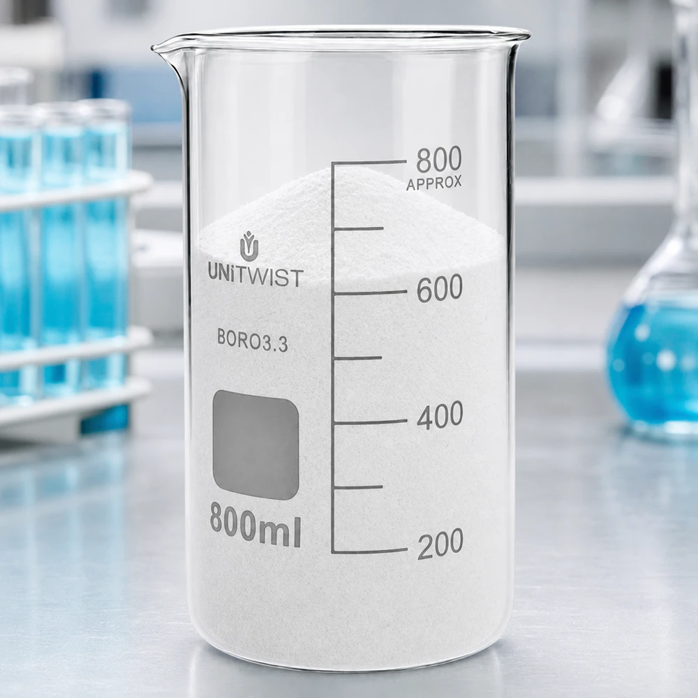 Beker 800ml borosilicaat, hoge vorm UNITWIST Laboratoriumbeker, hoge uitvoering, 800 ml, UNITWIST, met wit laboratoriumpoeder en schenktuit