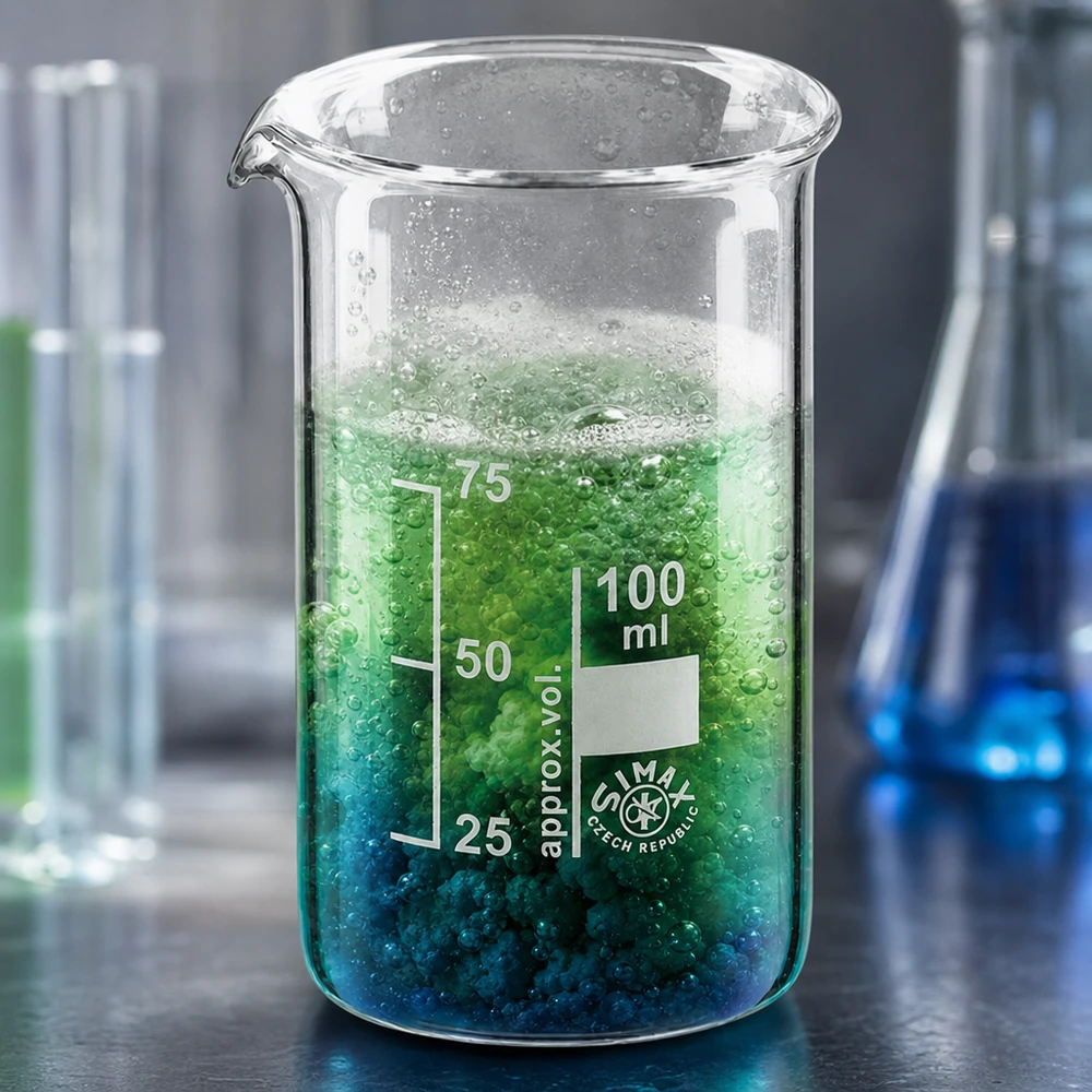 Bekerglas 100 ml van hittebestendig borosilicaatglas (hoog model) Volumemarkeringen van 25, 50 en 75 ml zijn zichtbaar op het Simax-bekerglas met een reactieve groene oplossing