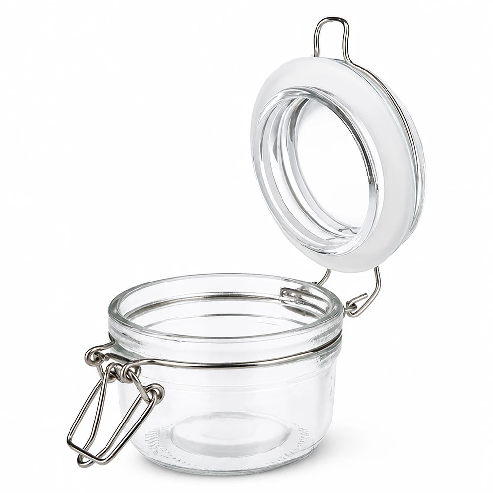 100 ml voorraadpot type S met scharnierende top UN. Transparant inmaakpotje van 100 ml met metalen handvat en rubberen afdichting voor luchtdicht bewaren
