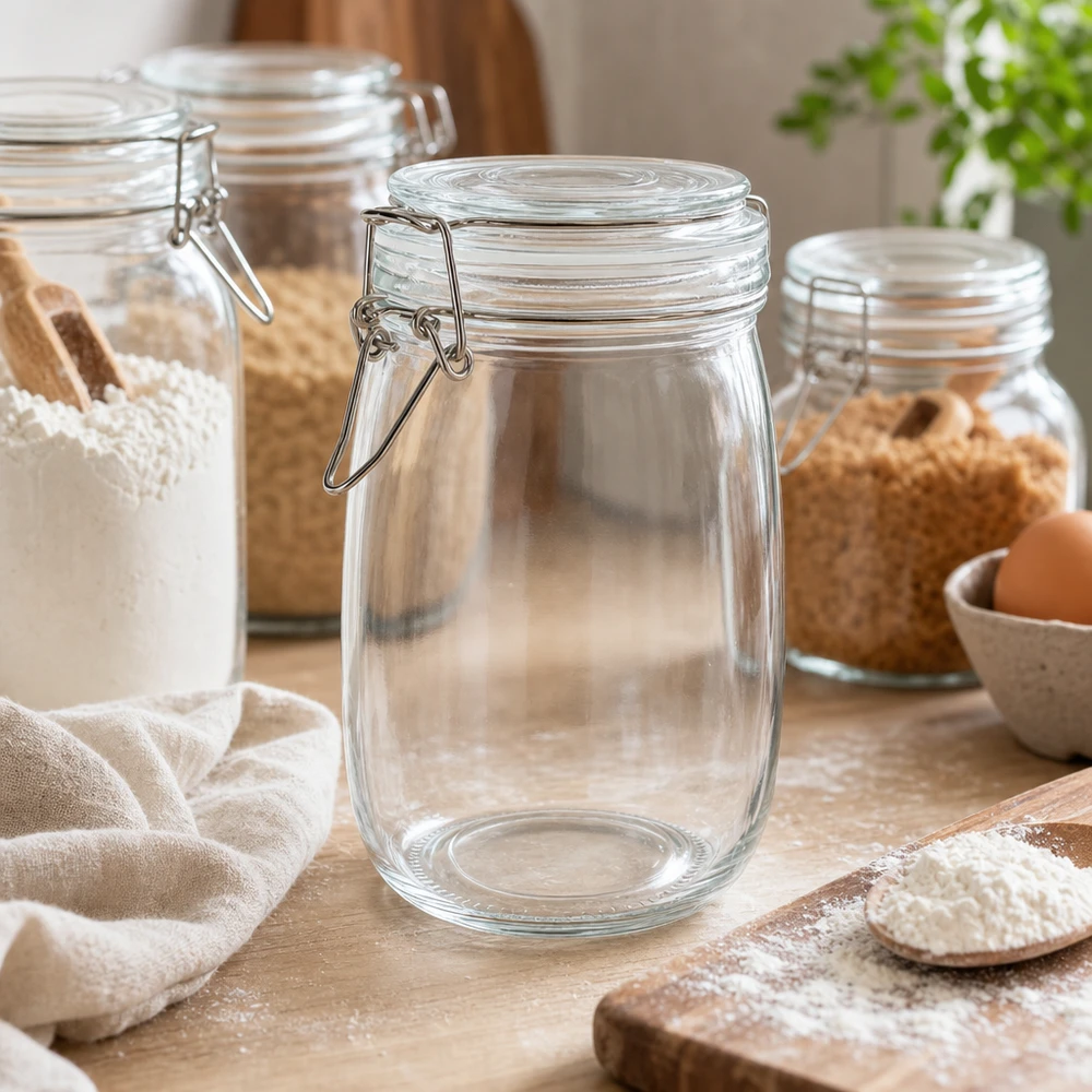 1000 ml voorraadpot type S met scharnierende top UN. Lege voorraadpot van 1000 ml met draaidop, klaar om te vullen in de keuken