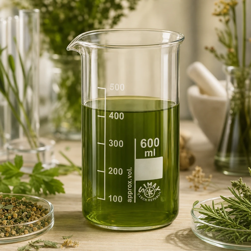 Bekerglas 600 ml van hittebestendig borosilicaatglas (hoog model) Fytopharmaceutisch gebruik: bekerglas van 600 ml, hoog model, met groen extract en gedroogde kruiden