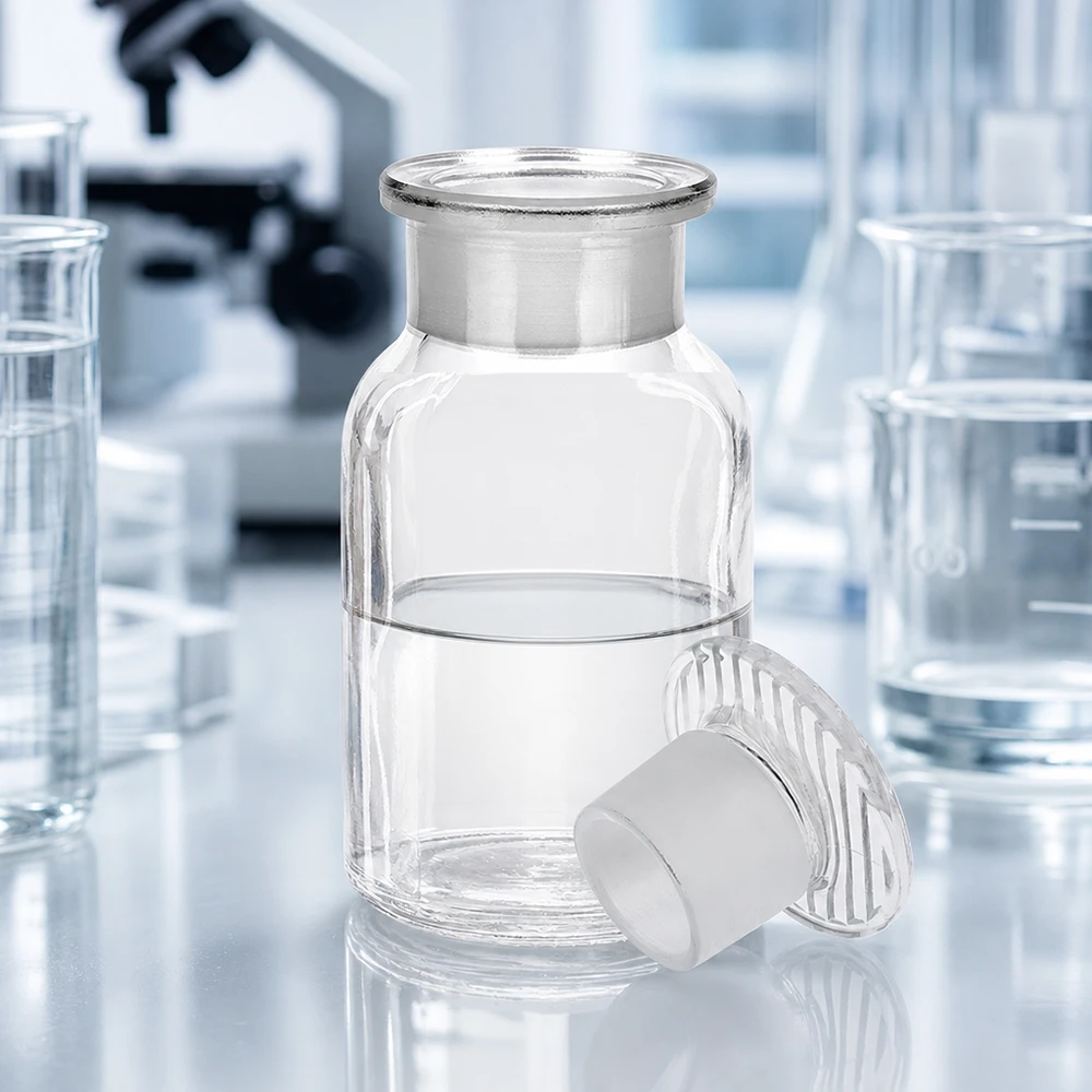 Apothekersfles 100 ml wijde hals helder glas incl. glazen stop Borosilicaatglas, breedhalsfles met ronde schouders, 100 ml, met conische glazen stop, helder