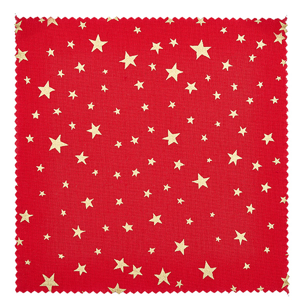 Stoffen doily sterren rood 120x120mm vierkant Rode stoffen doily met gouden sterrenpatroon close-up 12cm vierkant sieraden doily detail