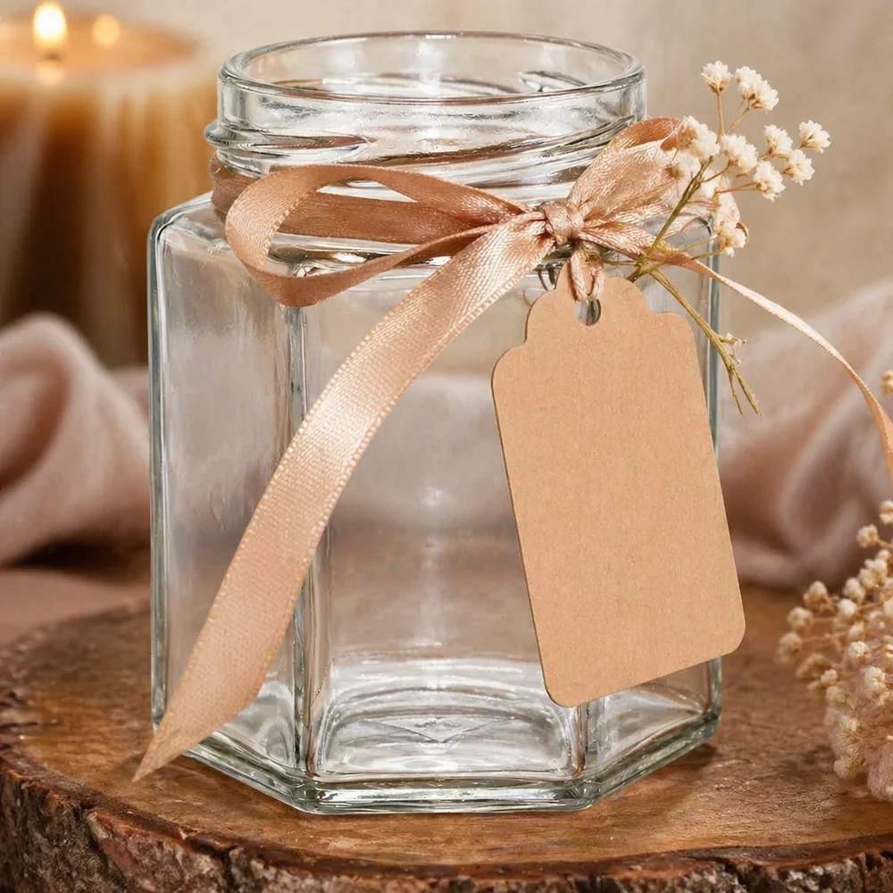 Lege zeshoekige inmaakpot 196 ml met schroefdop, versierd met beige lint en label op een houten basis