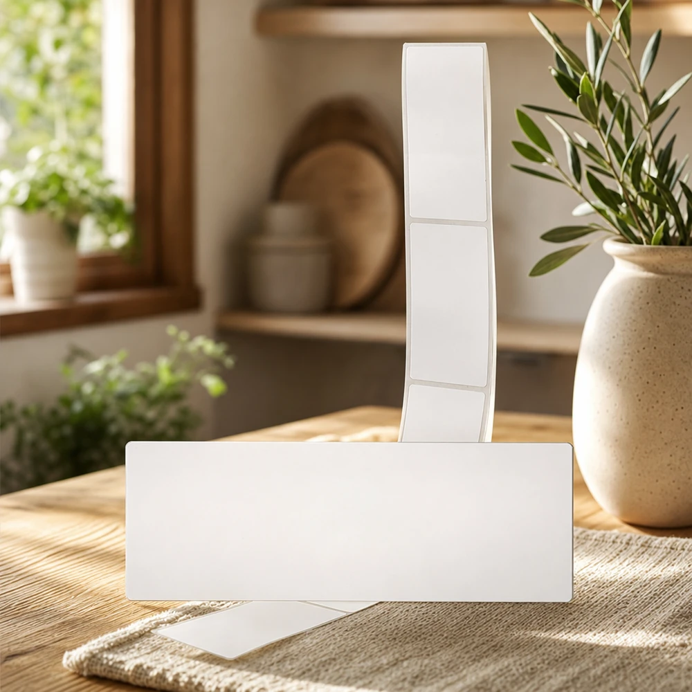 Blanco etiketten 54x154,5mm gepresenteerd in een natuurlijke leefomgeving met planten en warm daglicht