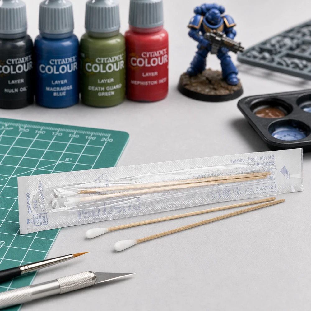 Wattenstaafjes STERIEL 1 paar Steriele wattenstaafjes, 2 stuks, met een wit katoenen kopje, voor het bijwerken van de kleur van figuurtjes